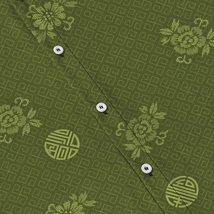 Buddha Stones Chemise à manches courtes respirante pour homme avec boutons à motif médaillon floral géométrique - image 8