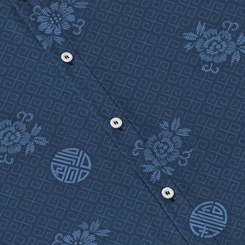 Buddha Stones Chemise à manches courtes respirante pour homme avec boutons à motif médaillon floral géométrique - image 13