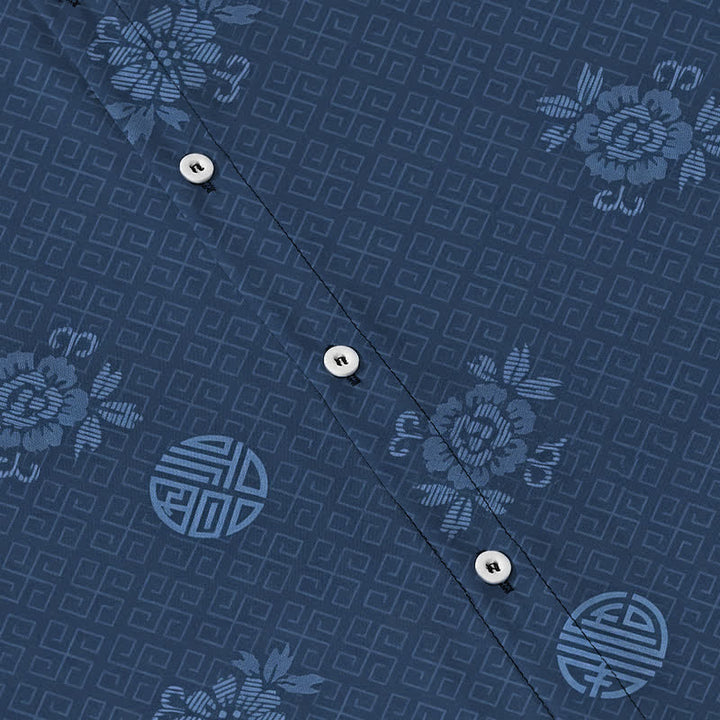 Buddha Stones Chemise à manches courtes respirante pour homme avec boutons à motif médaillon floral géométrique - image 13