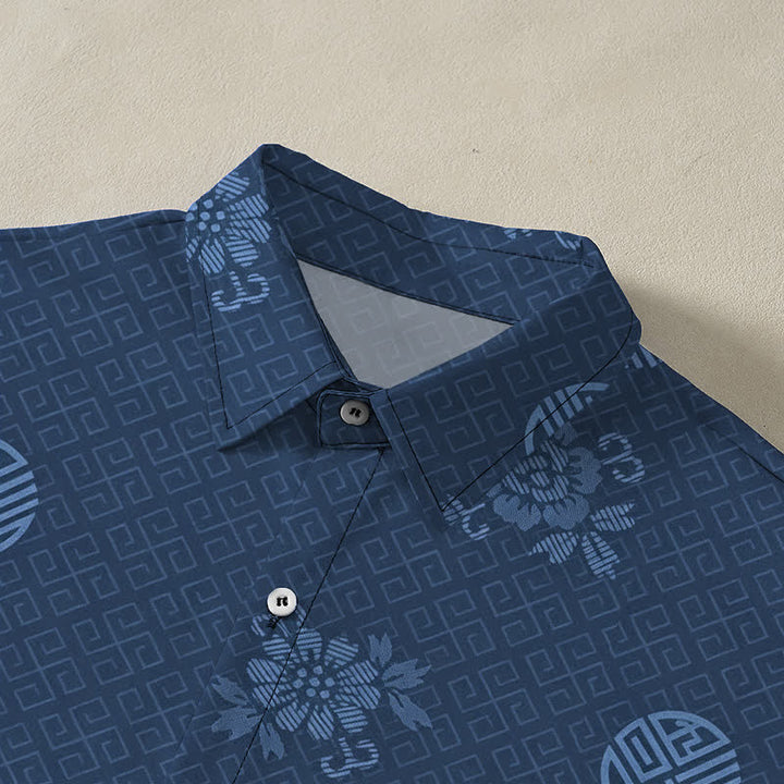 Buddha Stones Chemise à manches courtes respirante pour homme avec boutons à motif médaillon floral géométrique - image 12