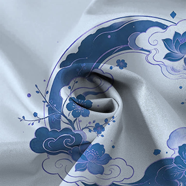 Buddha Stones Chemise à manches courtes respirante pour homme, à boutons et motif floral oriental lotus, fleurs de pêcher et nuages - image 5