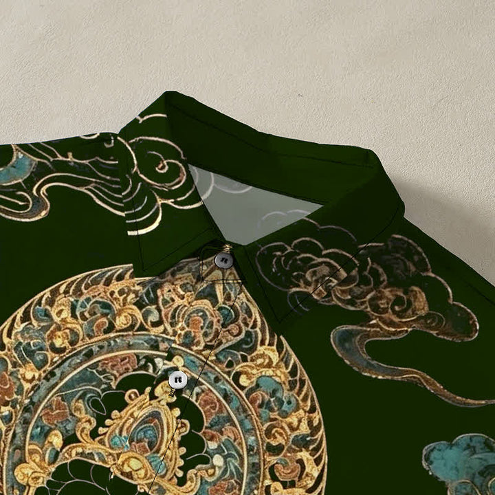 Buddha Stones Chemise à manches courtes pour homme, boutons à motif de nuage de Bouddha doré, infroissable - image 7