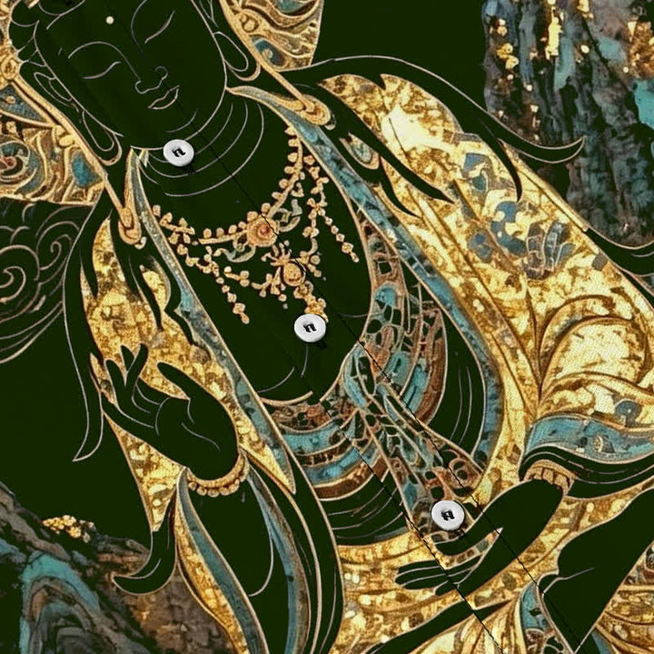 Buddha Stones Chemise à manches courtes pour homme, boutons à motif de nuage de Bouddha doré, infroissable - image 8