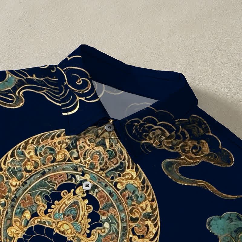 Buddha Stones Chemise à manches courtes pour homme, boutons à motif de nuage de Bouddha doré, infroissable - image 12