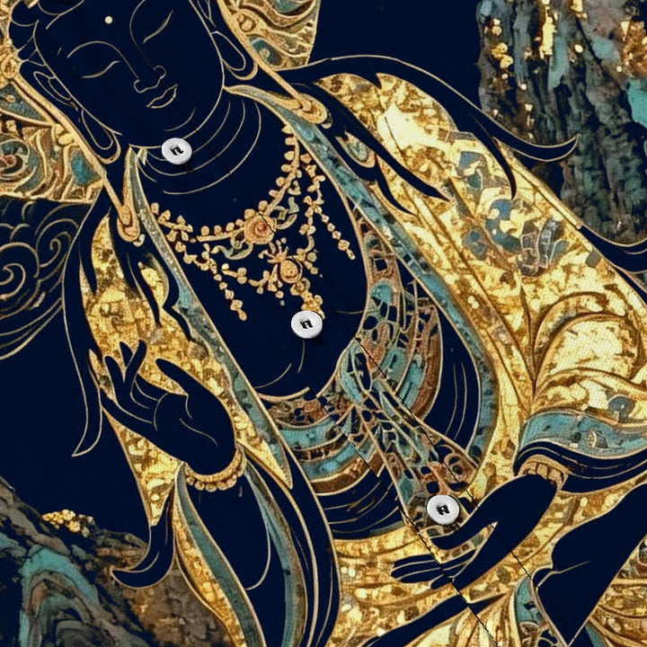 Buddha Stones Chemise à manches courtes pour homme, boutons à motif de nuage de Bouddha doré, infroissable - image 13