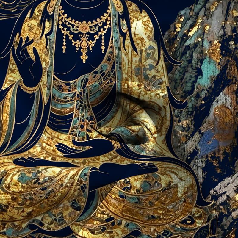 Buddha Stones Chemise à manches courtes pour homme, boutons à motif de nuage de Bouddha doré, infroissable - image 14