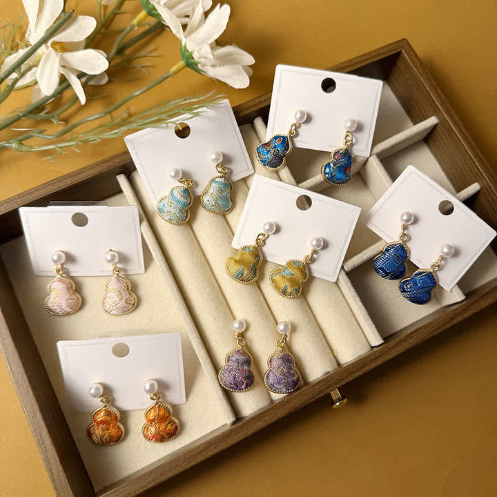 Buddha Stones Boucles d'oreilles pendantes artisanales Song Brocade Pearl Gourde Healing Stud Stud Earrings - image 9