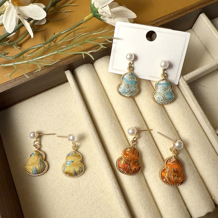 Buddha Stones Boucles d'oreilles pendantes artisanales Song Brocade Pearl Gourde Healing Stud Stud Earrings - image 10