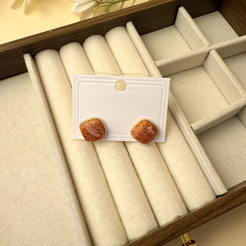 Buddha Stones Boucles d'oreilles carrées géométriques de protection en brocart Song fait main - Orange (même teinte – motif variable) - image 8