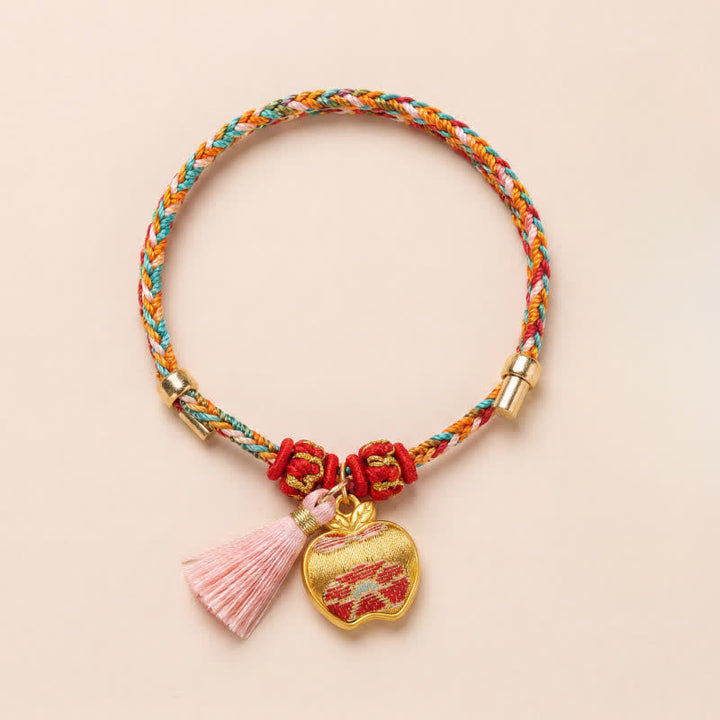 Buddha Stones Bracelet de protection tissé à la main en forme de calebasse avec porte-monnaie en forme de pomme et de cadenas chinois, orné d'un sac à monnaie en forme de pomme et de cinq couleurs. - Pomme (même teinte – motif variable) - image 0
