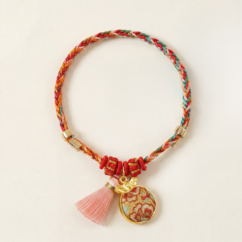 Buddha Stones Bracelet de protection tissé à la main en forme de calebasse avec porte-monnaie en forme de pomme et de cadenas chinois, orné d'un sac à monnaie en forme de pomme et de cinq couleurs. - Sac à argent (même ton – motif variable) - image 16
