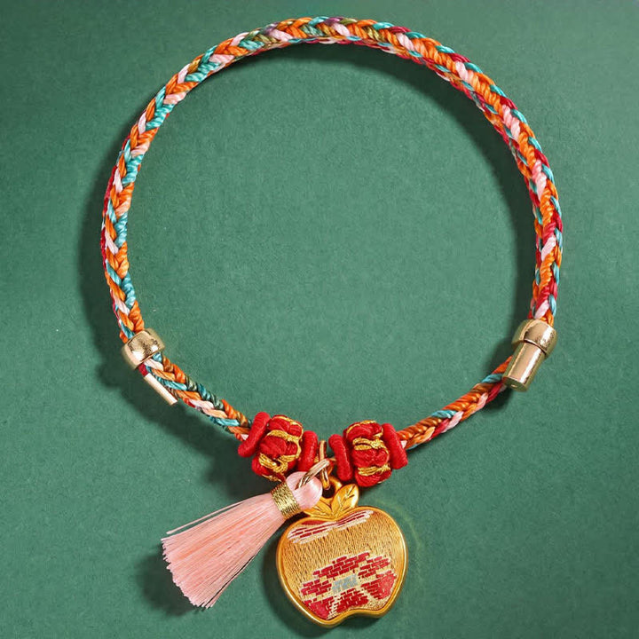 Buddha Stones Bracelet de protection tissé à la main en forme de calebasse avec porte-monnaie en forme de pomme et de cadenas chinois, orné d'un sac à monnaie en forme de pomme et de cinq couleurs. - image 3