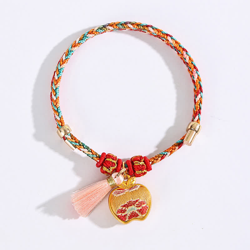 Buddha Stones Bracelet de protection tissé à la main en forme de calebasse avec porte-monnaie en forme de pomme et de cadenas chinois, orné d'un sac à monnaie en forme de pomme et de cinq couleurs. - image 7