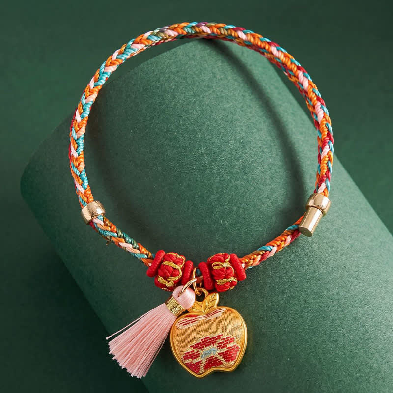 Buddha Stones Bracelet de protection tissé à la main en forme de calebasse avec porte-monnaie en forme de pomme et de cadenas chinois, orné d'un sac à monnaie en forme de pomme et de cinq couleurs. - image 8