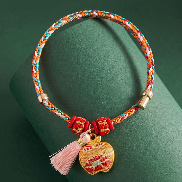 Buddha Stones Bracelet de protection tissé à la main en forme de calebasse avec porte-monnaie en forme de pomme et de cadenas chinois, orné d'un sac à monnaie en forme de pomme et de cinq couleurs. - image 8
