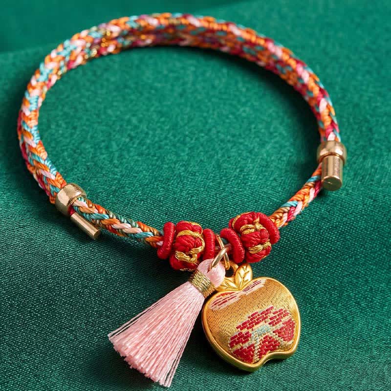 Buddha Stones Bracelet de protection tissé à la main en forme de calebasse avec porte-monnaie en forme de pomme et de cadenas chinois, orné d'un sac à monnaie en forme de pomme et de cinq couleurs. - image 9