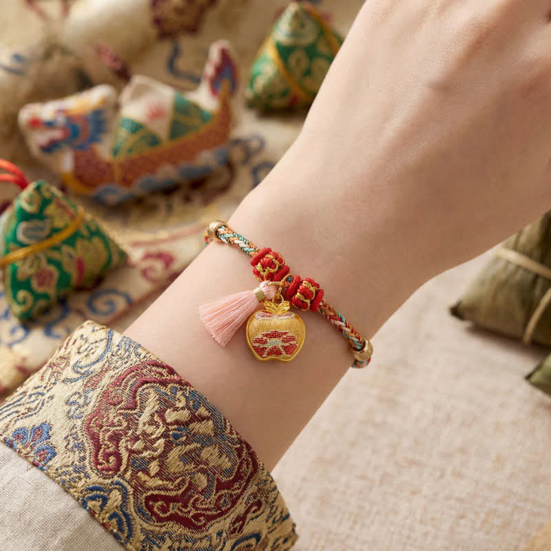 Buddha Stones Bracelet de protection tissé à la main en forme de calebasse avec porte-monnaie en forme de pomme et de cadenas chinois, orné d'un sac à monnaie en forme de pomme et de cinq couleurs. - image 4
