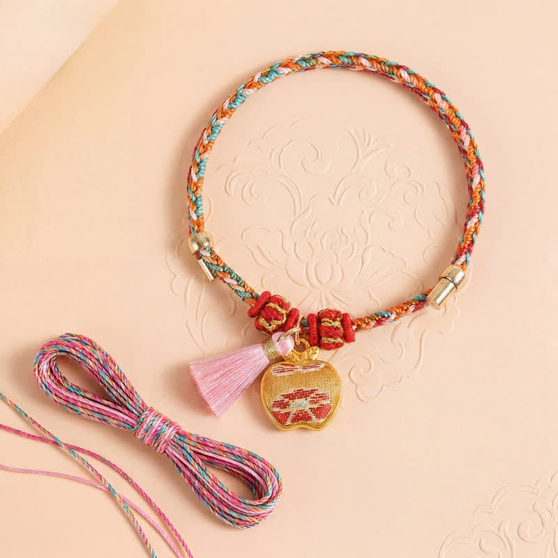 Buddha Stones Bracelet de protection tissé à la main en forme de calebasse avec porte-monnaie en forme de pomme et de cadenas chinois, orné d'un sac à monnaie en forme de pomme et de cinq couleurs. - image 1