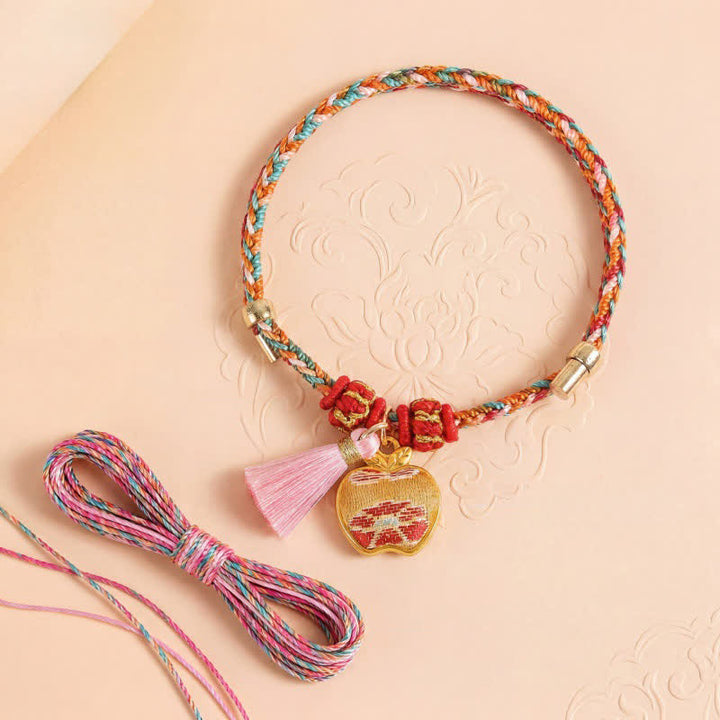 Buddha Stones Bracelet de protection tissé à la main en forme de calebasse avec porte-monnaie en forme de pomme et de cadenas chinois, orné d'un sac à monnaie en forme de pomme et de cinq couleurs. - image 1