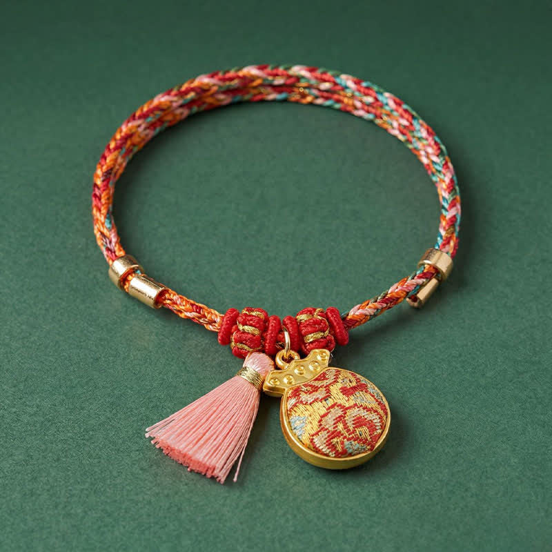 Buddha Stones Bracelet de protection tissé à la main en forme de calebasse avec porte-monnaie en forme de pomme et de cadenas chinois, orné d'un sac à monnaie en forme de pomme et de cinq couleurs. - image 17