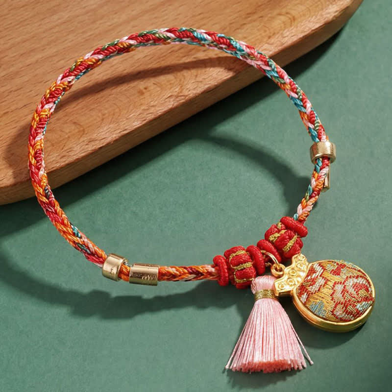 Buddha Stones Bracelet de protection tissé à la main en forme de calebasse avec porte-monnaie en forme de pomme et de cadenas chinois, orné d'un sac à monnaie en forme de pomme et de cinq couleurs. - image 18