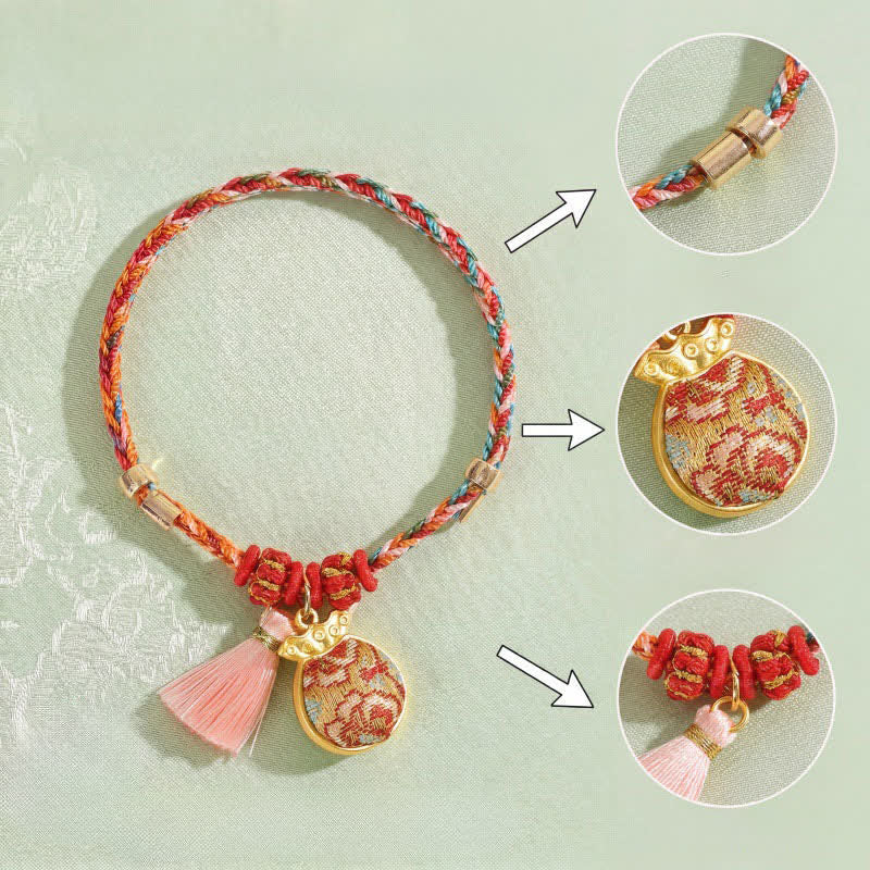 Buddha Stones Bracelet de protection tissé à la main en forme de calebasse avec porte-monnaie en forme de pomme et de cadenas chinois, orné d'un sac à monnaie en forme de pomme et de cinq couleurs. - image 29