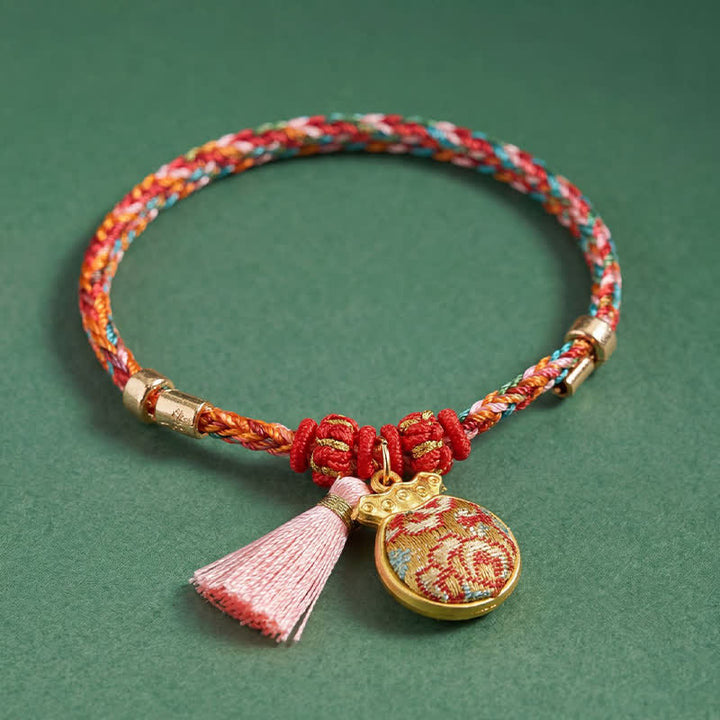 Buddha Stones Bracelet de protection tissé à la main en forme de calebasse avec porte-monnaie en forme de pomme et de cadenas chinois, orné d'un sac à monnaie en forme de pomme et de cinq couleurs. - image 28