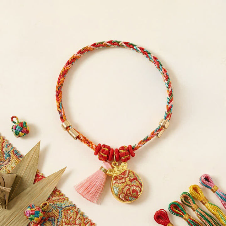 Buddha Stones Bracelet de protection tissé à la main en forme de calebasse avec porte-monnaie en forme de pomme et de cadenas chinois, orné d'un sac à monnaie en forme de pomme et de cinq couleurs. - image 25