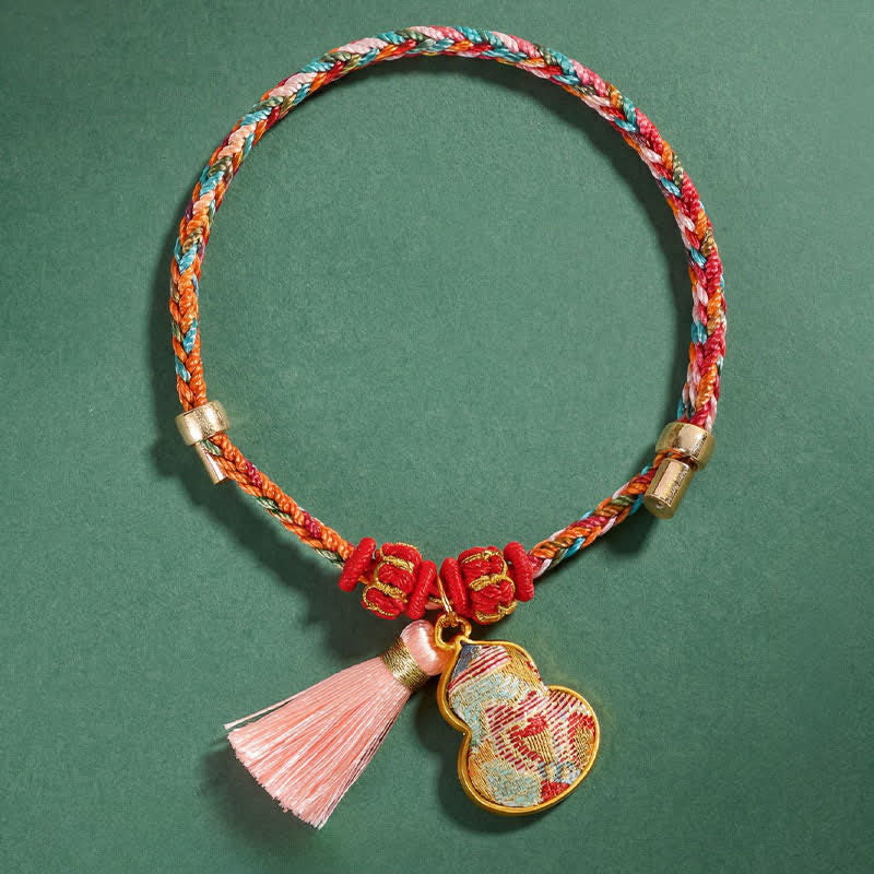Buddha Stones Bracelet de protection tissé à la main en forme de calebasse avec porte-monnaie en forme de pomme et de cadenas chinois, orné d'un sac à monnaie en forme de pomme et de cinq couleurs. - image 39