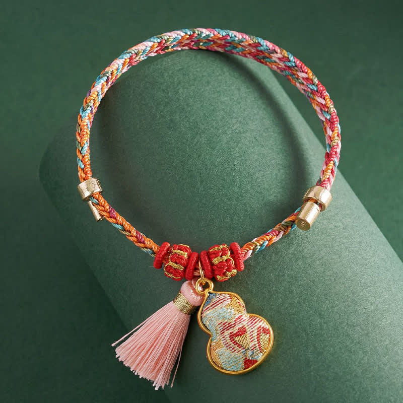 Buddha Stones Bracelet de protection tissé à la main en forme de calebasse avec porte-monnaie en forme de pomme et de cadenas chinois, orné d'un sac à monnaie en forme de pomme et de cinq couleurs. - image 40