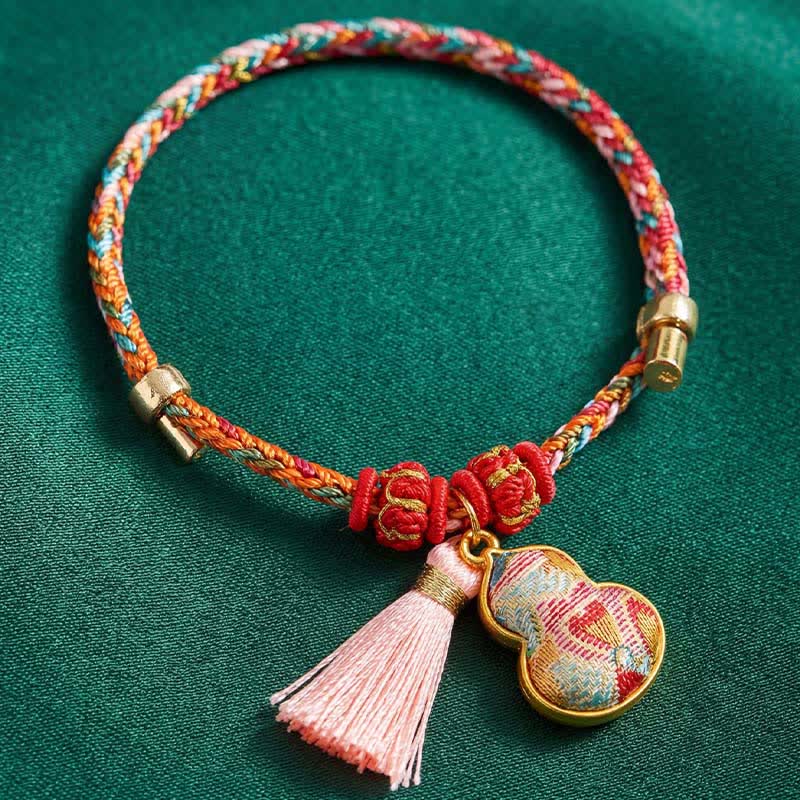 Buddha Stones Bracelet de protection tissé à la main en forme de calebasse avec porte-monnaie en forme de pomme et de cadenas chinois, orné d'un sac à monnaie en forme de pomme et de cinq couleurs. - image 44