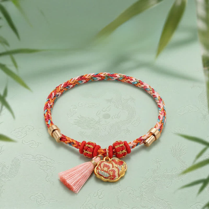 Buddha Stones Bracelet de protection tissé à la main en forme de calebasse avec porte-monnaie en forme de pomme et de cadenas chinois, orné d'un sac à monnaie en forme de pomme et de cinq couleurs. - image 60
