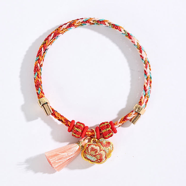 Buddha Stones Bracelet de protection tissé à la main en forme de calebasse avec porte-monnaie en forme de pomme et de cadenas chinois, orné d'un sac à monnaie en forme de pomme et de cinq couleurs. - image 66