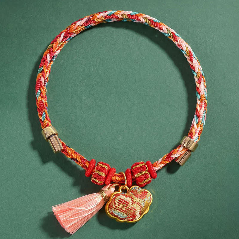 Buddha Stones Bracelet de protection tissé à la main en forme de calebasse avec porte-monnaie en forme de pomme et de cadenas chinois, orné d'un sac à monnaie en forme de pomme et de cinq couleurs. - image 56
