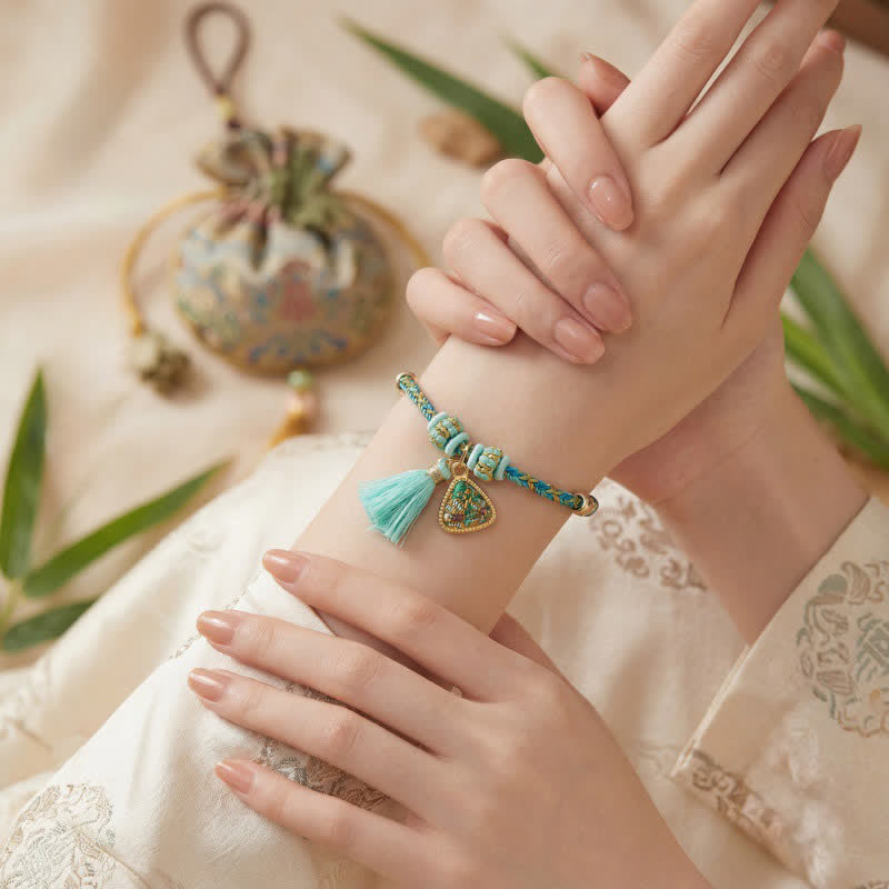 Buddha Stones Bracelet porte-bonheur en brocart vert Song à cinq couleurs tissé à la main, avec breloque pomme Zongzi et cadenas chinois. - image 4