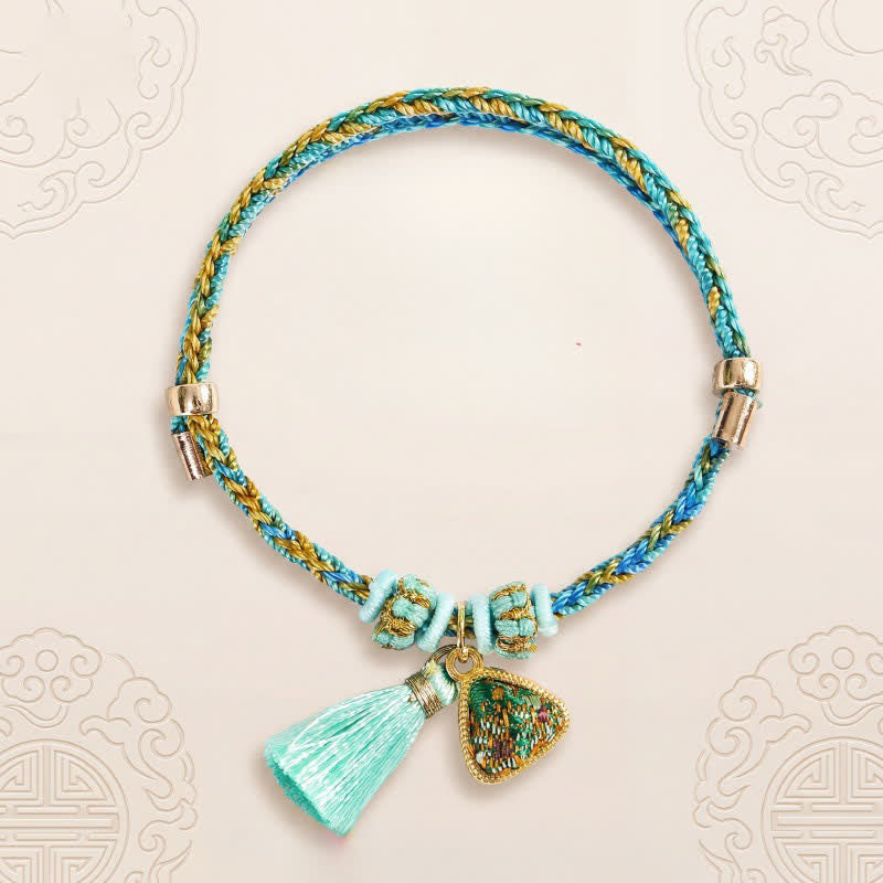 Buddha Stones Bracelet porte-bonheur en brocart vert Song à cinq couleurs tissé à la main, avec breloque pomme Zongzi et cadenas chinois. - image 1