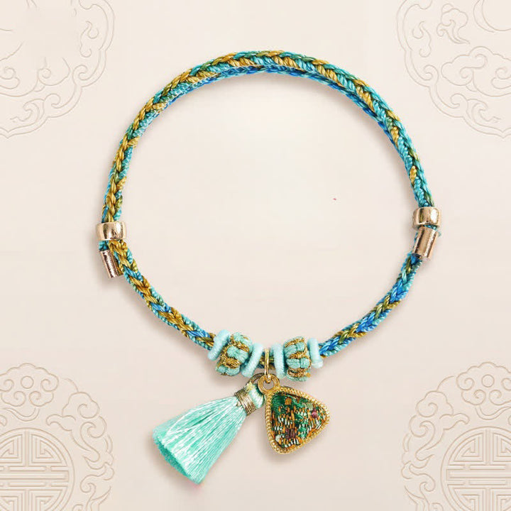 Buddha Stones Bracelet porte-bonheur en brocart vert Song à cinq couleurs tissé à la main, avec breloque pomme Zongzi et cadenas chinois. - image 1