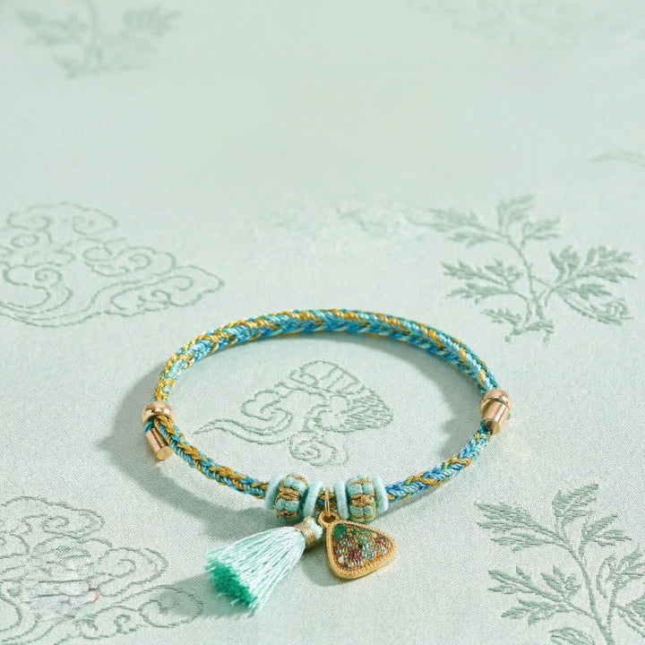 Buddha Stones Bracelet porte-bonheur en brocart vert Song à cinq couleurs tissé à la main, avec breloque pomme Zongzi et cadenas chinois. - image 3