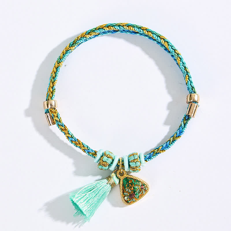 Buddha Stones Bracelet porte-bonheur en brocart vert Song à cinq couleurs tissé à la main, avec breloque pomme Zongzi et cadenas chinois. - image 2