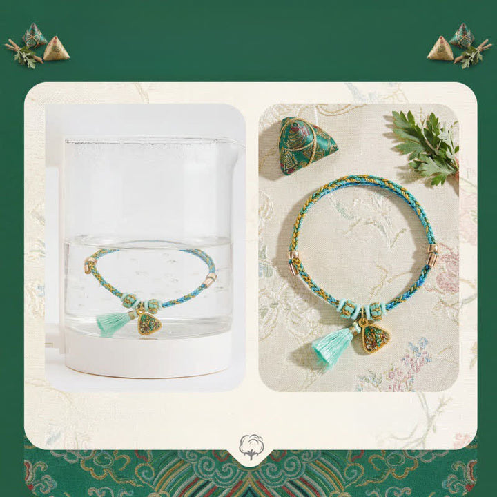 Buddha Stones Bracelet porte-bonheur en brocart vert Song à cinq couleurs tissé à la main, avec breloque pomme Zongzi et cadenas chinois. - image 5