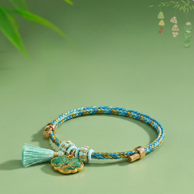 Buddha Stones Bracelet porte-bonheur en brocart vert Song à cinq couleurs tissé à la main, avec breloque pomme Zongzi et cadenas chinois. - image 11