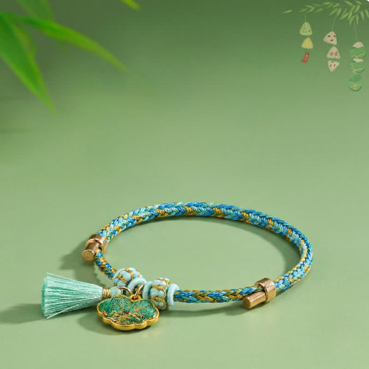 Buddha Stones Bracelet porte-bonheur en brocart vert Song à cinq couleurs tissé à la main, avec breloque pomme Zongzi et cadenas chinois. - image 11