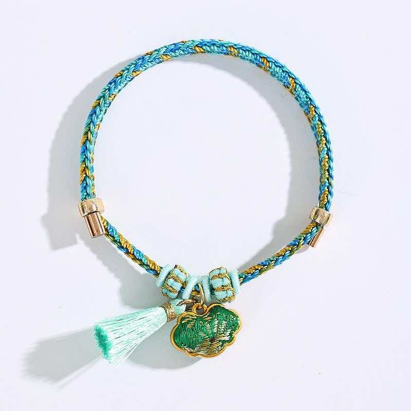 Buddha Stones Bracelet porte-bonheur en brocart vert Song à cinq couleurs tissé à la main, avec breloque pomme Zongzi et cadenas chinois. - image 12