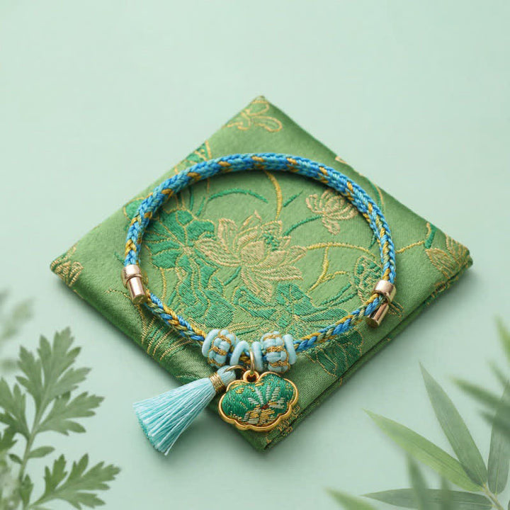 Buddha Stones Bracelet porte-bonheur en brocart vert Song à cinq couleurs tissé à la main, avec breloque pomme Zongzi et cadenas chinois. - image 8