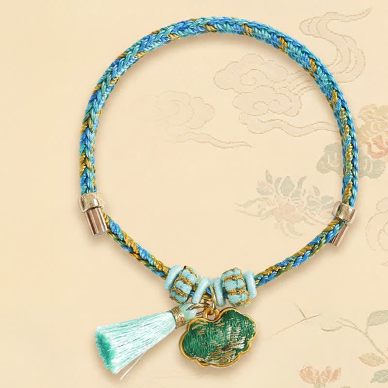 Buddha Stones Bracelet porte-bonheur en brocart vert Song à cinq couleurs tissé à la main, avec breloque pomme Zongzi et cadenas chinois. - image 9