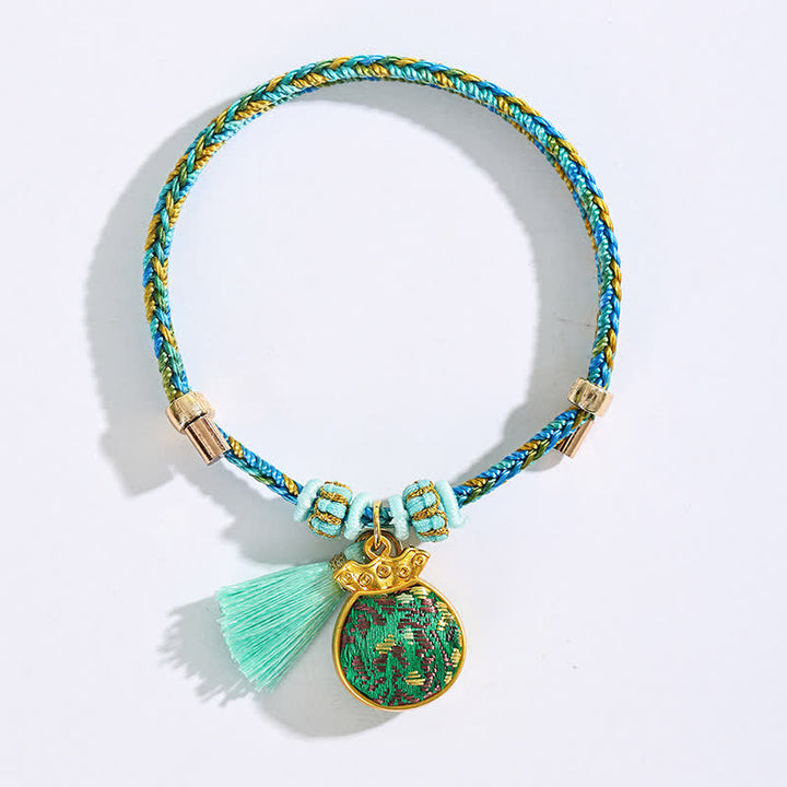 Buddha Stones Bracelet porte-bonheur en brocart vert Song à cinq couleurs tissé à la main, avec breloque pomme Zongzi et cadenas chinois. - image 15