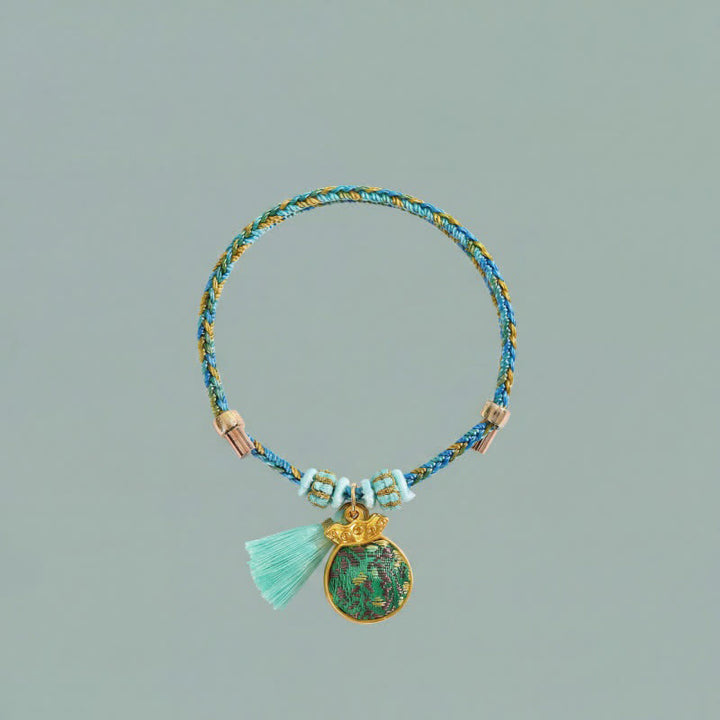 Buddha Stones Bracelet porte-bonheur en brocart vert Song à cinq couleurs tissé à la main, avec breloque pomme Zongzi et cadenas chinois. - image 18