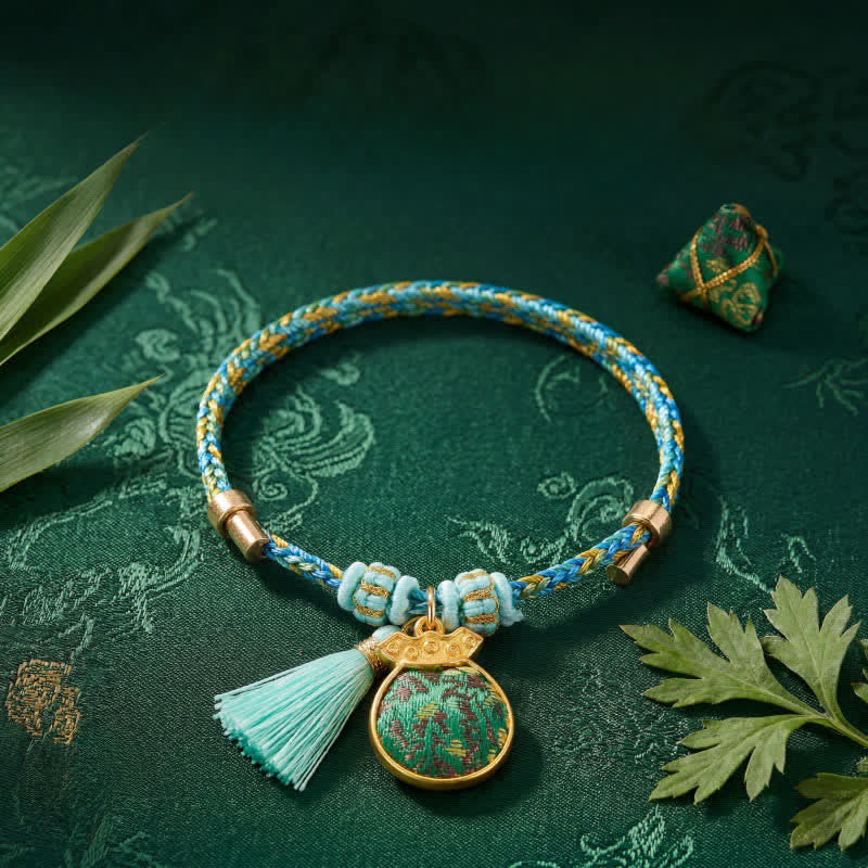 Buddha Stones Bracelet porte-bonheur en brocart vert Song à cinq couleurs tissé à la main, avec breloque pomme Zongzi et cadenas chinois. - image 14