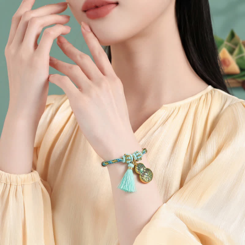 Buddha Stones Bracelet porte-bonheur en brocart vert Song à cinq couleurs tissé à la main, avec breloque pomme Zongzi et cadenas chinois. - image 23