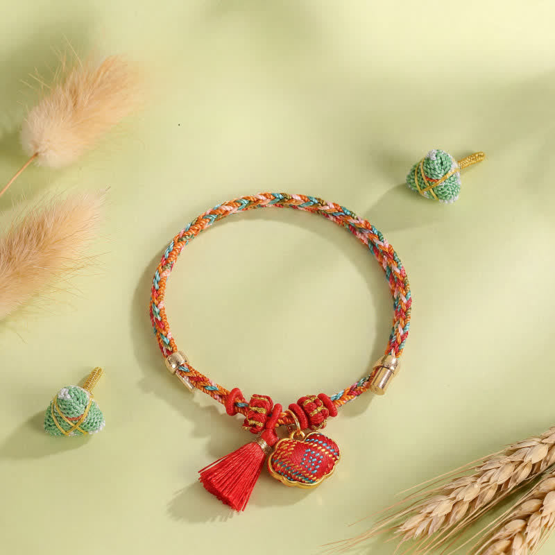 Buddha Stones Bracelet tressé Zongzi en brocart rouge Song rouge à cinq couleurs, porte-bonheur, avec breloque cadenas chinois, pomme, bourse et calebasse. - image 3